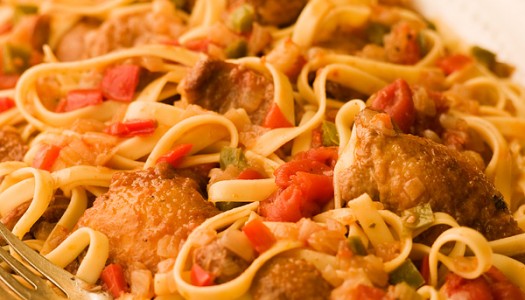 Pasta with Braised Chicken, Sausages, Peppers & Tomatoes
