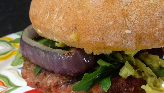 Spiced Sausage Burgers with Arugula and Honey Mustard Relish